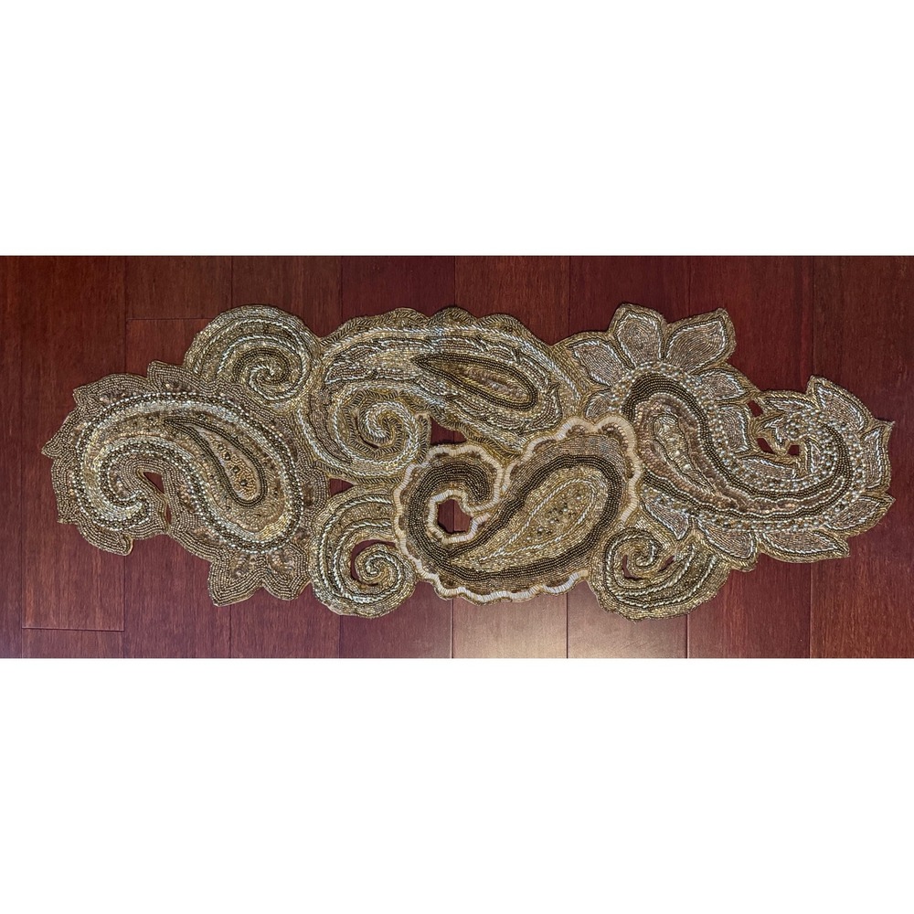 Pier 1 Imports Gold Beaded Paisley Table Runner Metallic Sequin Scrollwork 36in